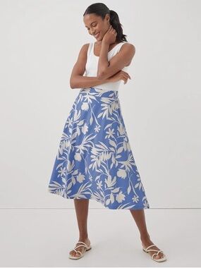 Pact Organic Cotton Floral Midi Skirt Blue Cream A-Line Cottagecore Size XL EUC